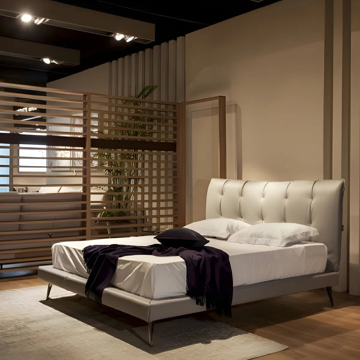 Cama Galattico Queen Size piel gris claro. Muebles Italianos