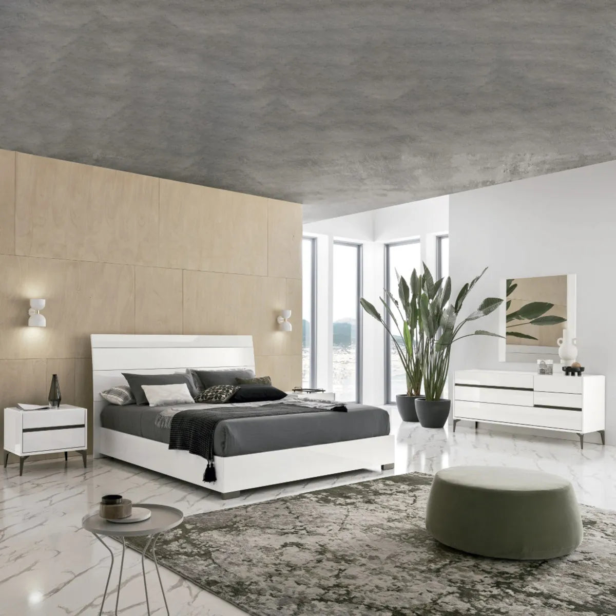 Recámara Costa Blanca Queen size. Muebles Italianos