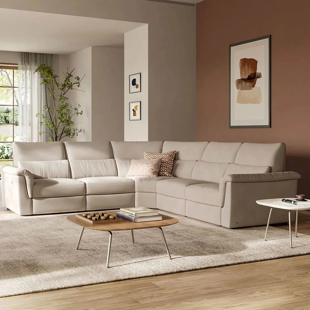 Esquinero Amorevole en piel color Piedra de mar. Muebles Italianos