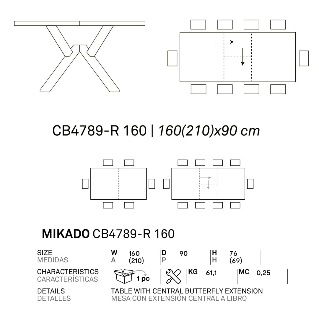 Mesa Italiana extensible Mikado de madera 160 cm