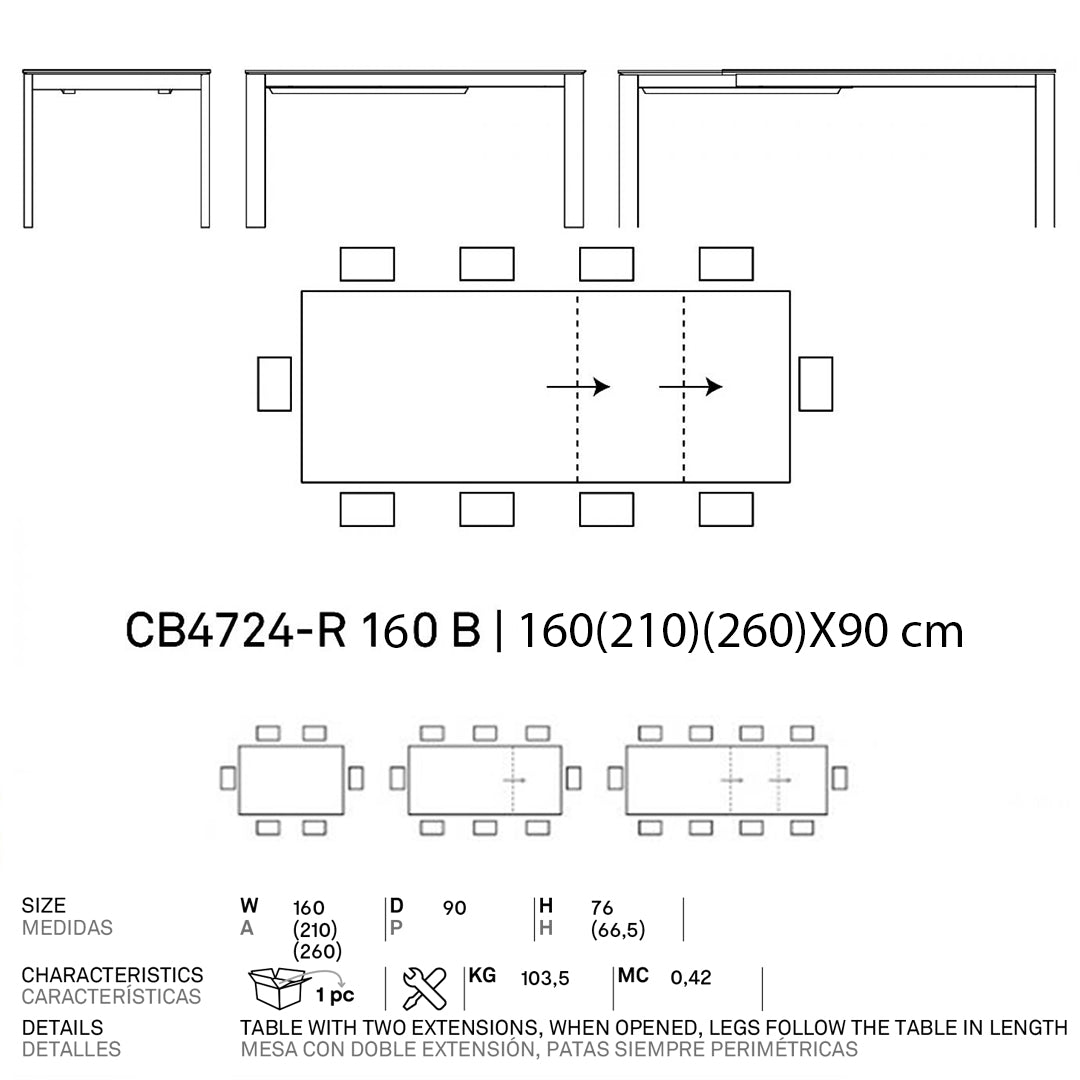 Mesa de doble extensión Eminence base metalica 160 cm. Muebles Italianos