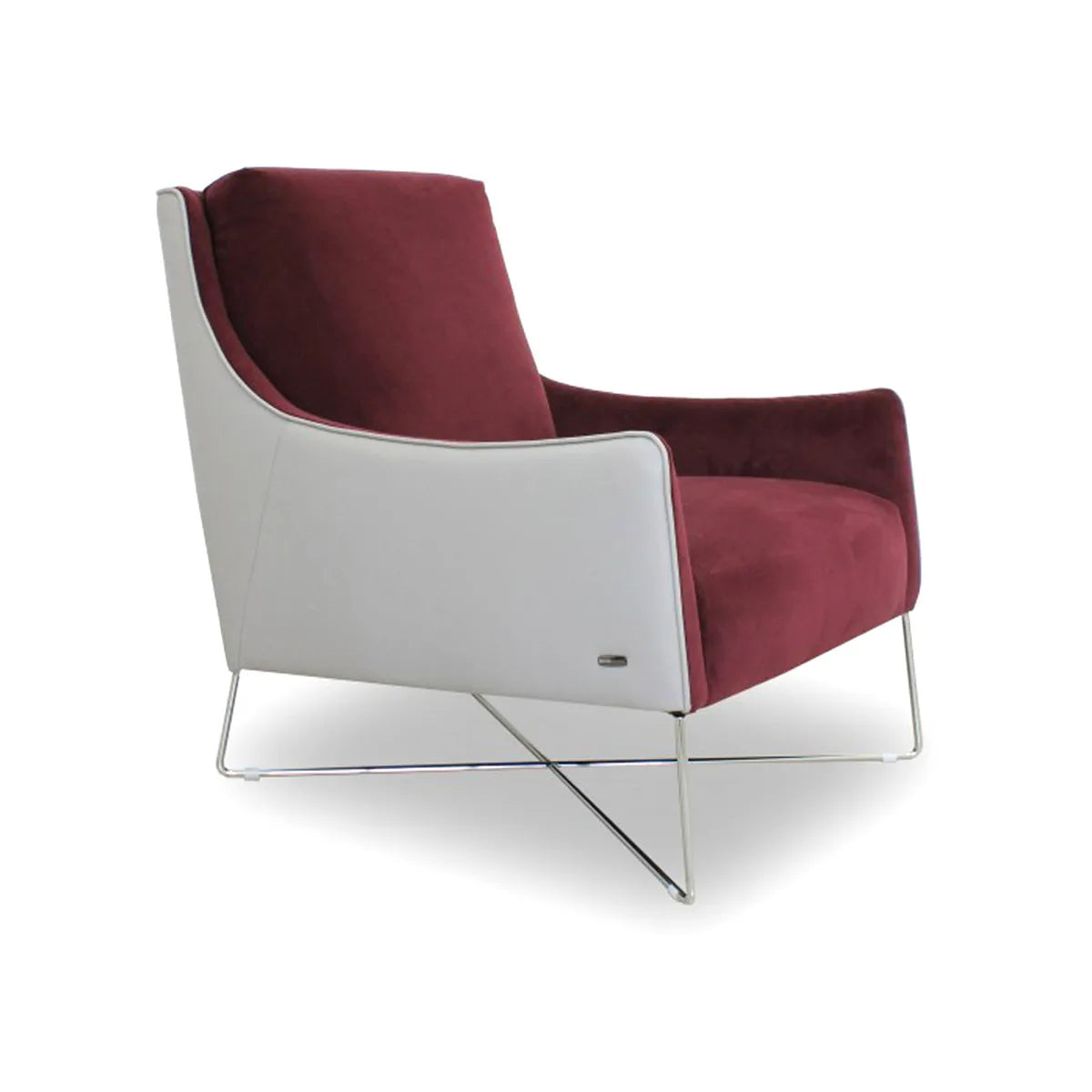 Sillón Shangai de Natuzzi en Mix Tela y Piel gris con Rojo base metal
