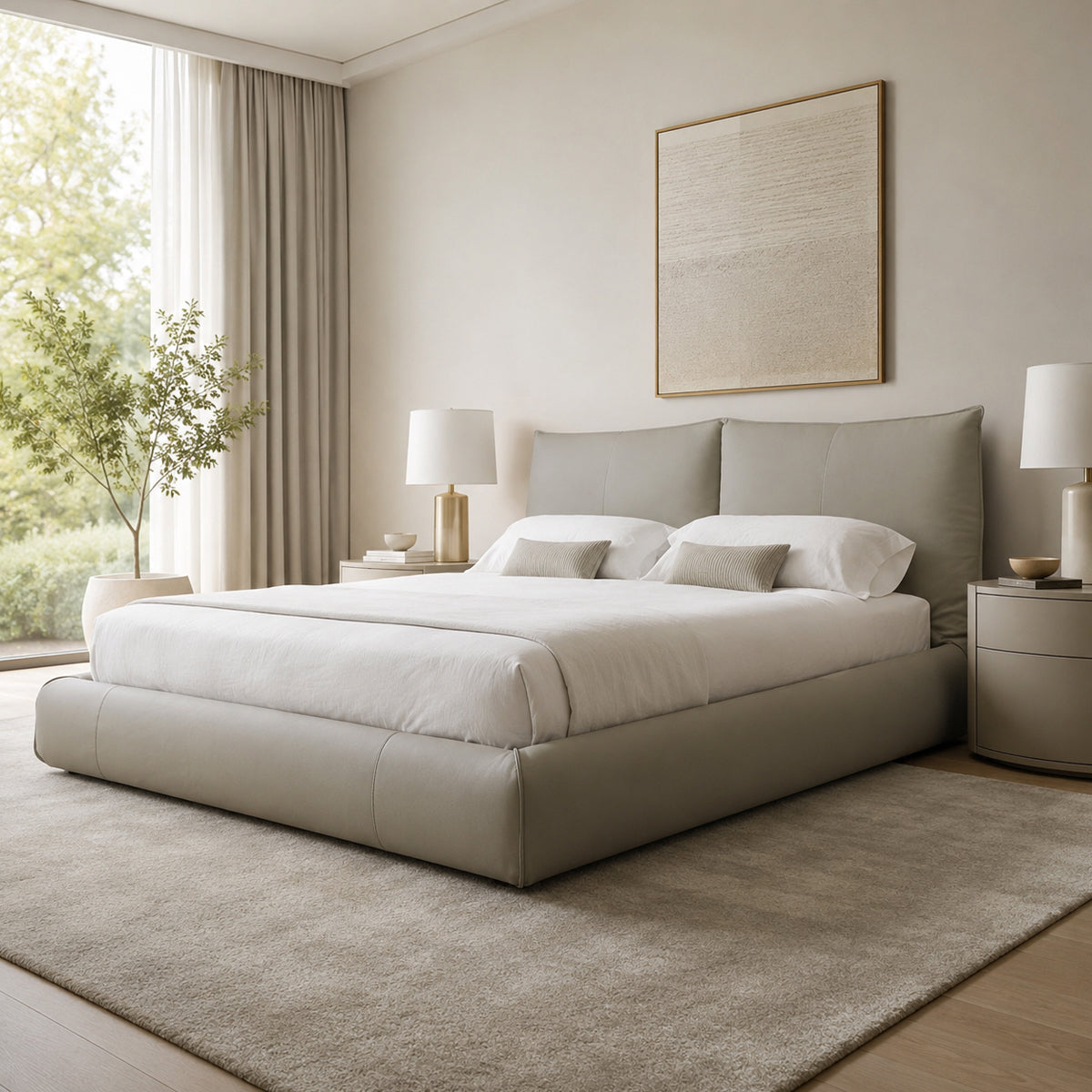 Cama Queen Size Lunare Natuzzi piel Beige Ahumado
