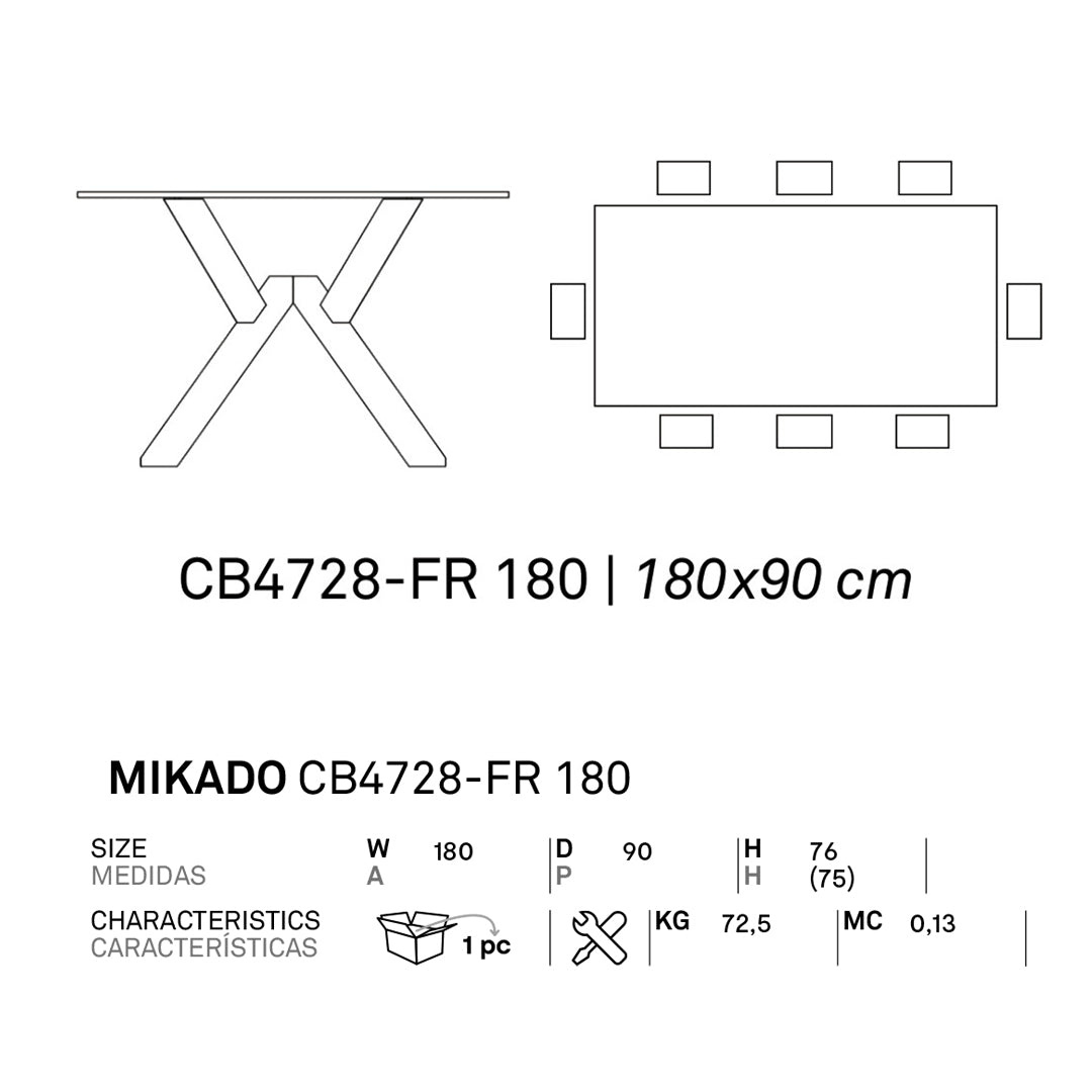 Mesa fija Mikado rectangular de cristal 180 cm. Muebles Italianos