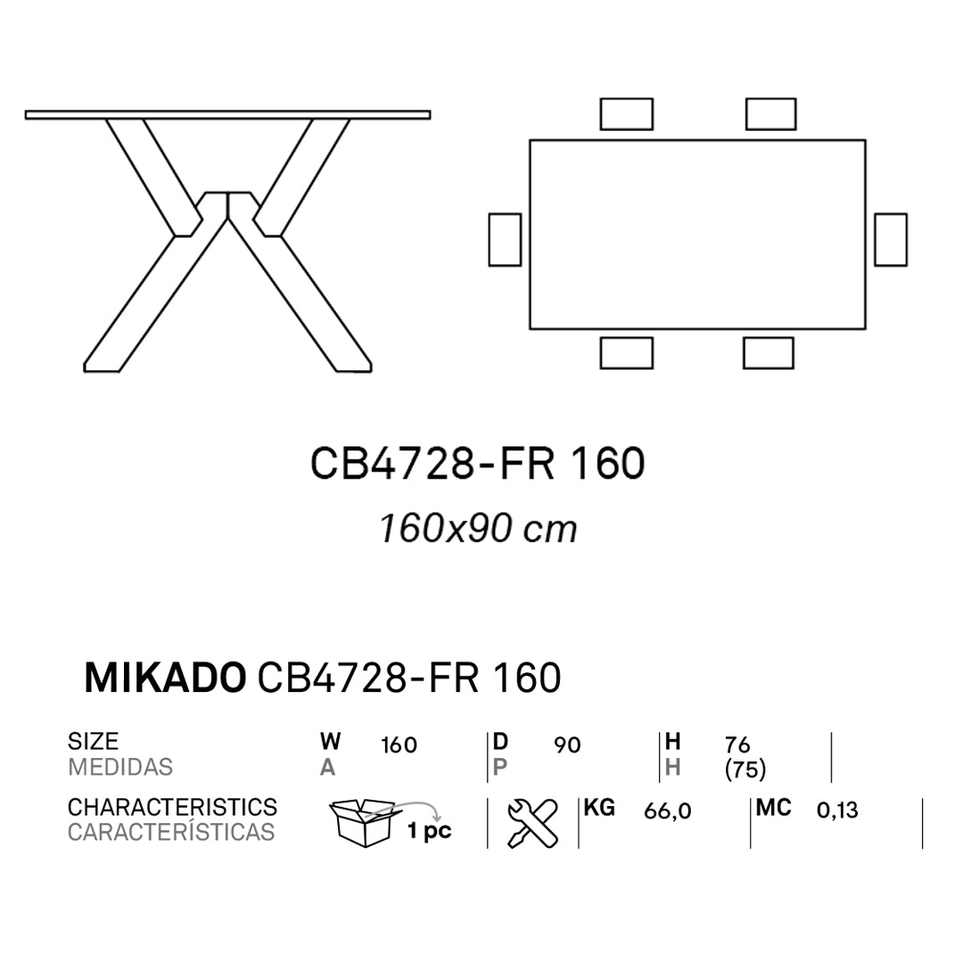 Mesa fija Mikado rectangular de cristal 160 cm. Muebles Italianos